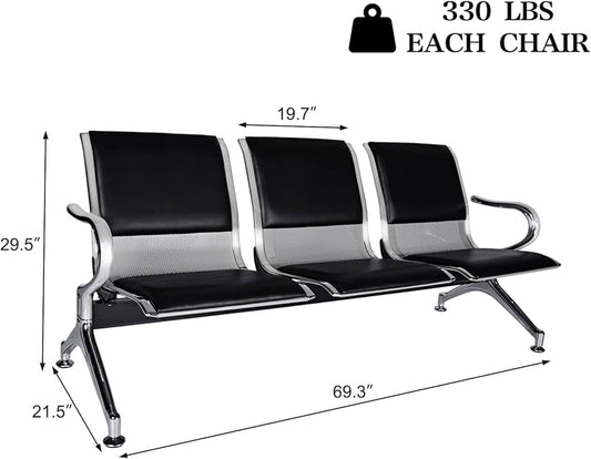3-Seater Airport Waiting Chair | PU Leather Reception Bench for Lobby & Office